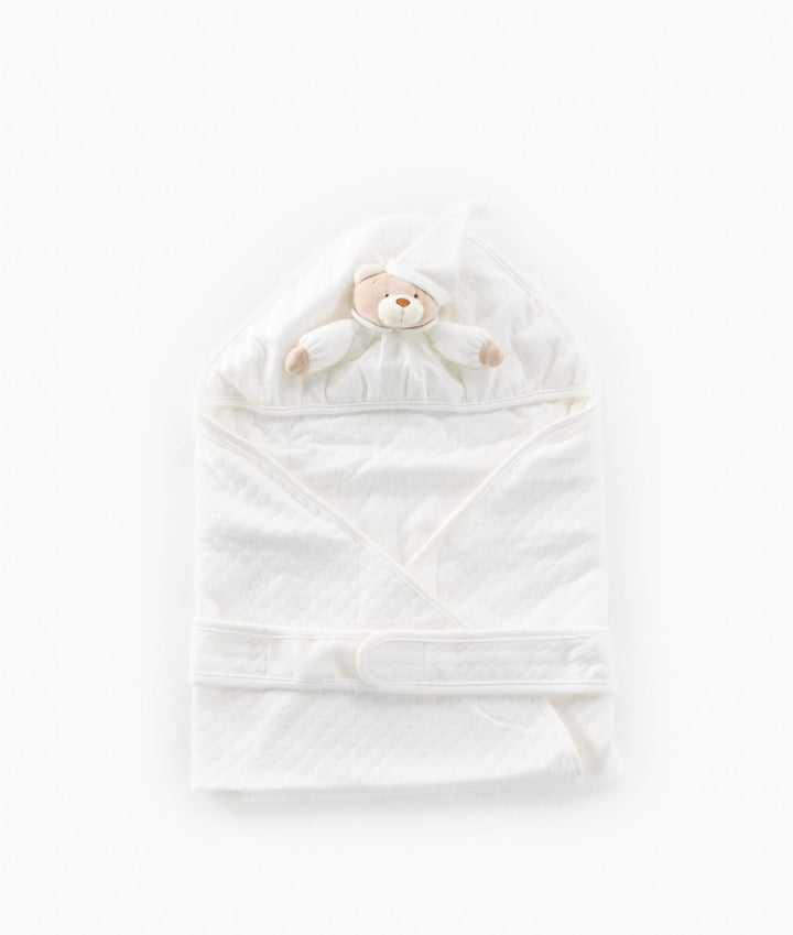 White hooded cotton swaddle wrap with 3D bear face and velcro closure