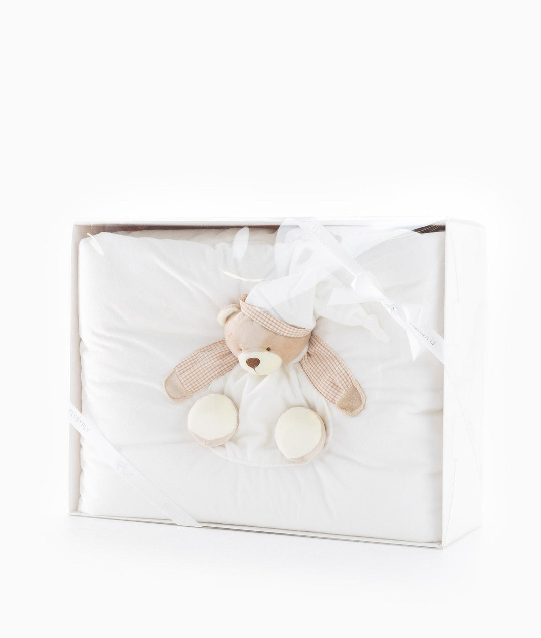 Bassinet bedding gift box presentation with folded set, 3D bear accent, and ribbon bow