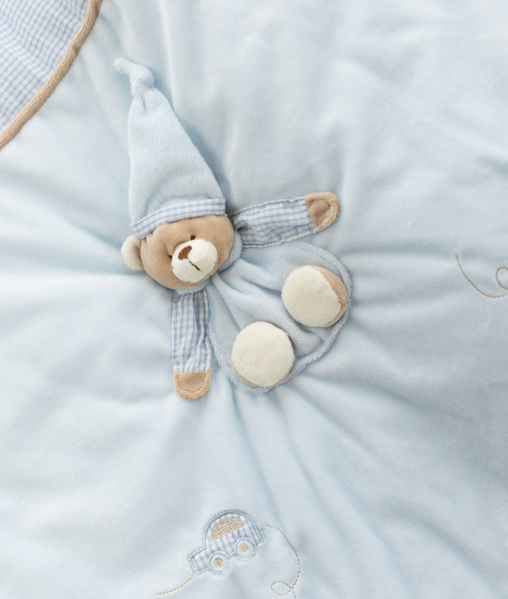 Plush light blue blanket texture with 3D teddy bear applique and toy car design