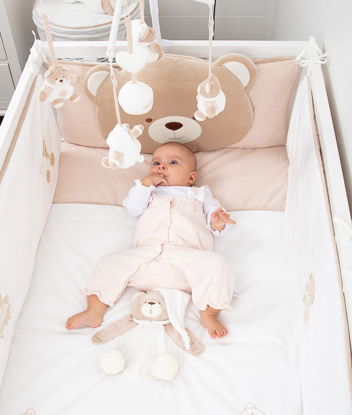 White and beige cot bumper set for baby cot