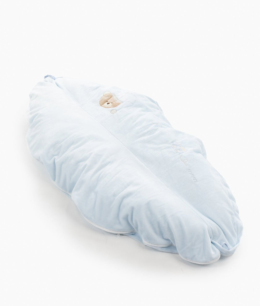 folded light blue baby support pillow central bear emblem cushion shape