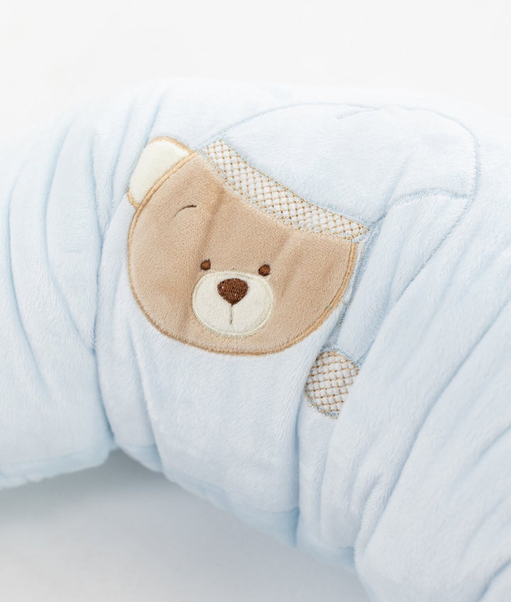 light blue plush pillow tan teddy bear face patch textured beige mesh pocket
