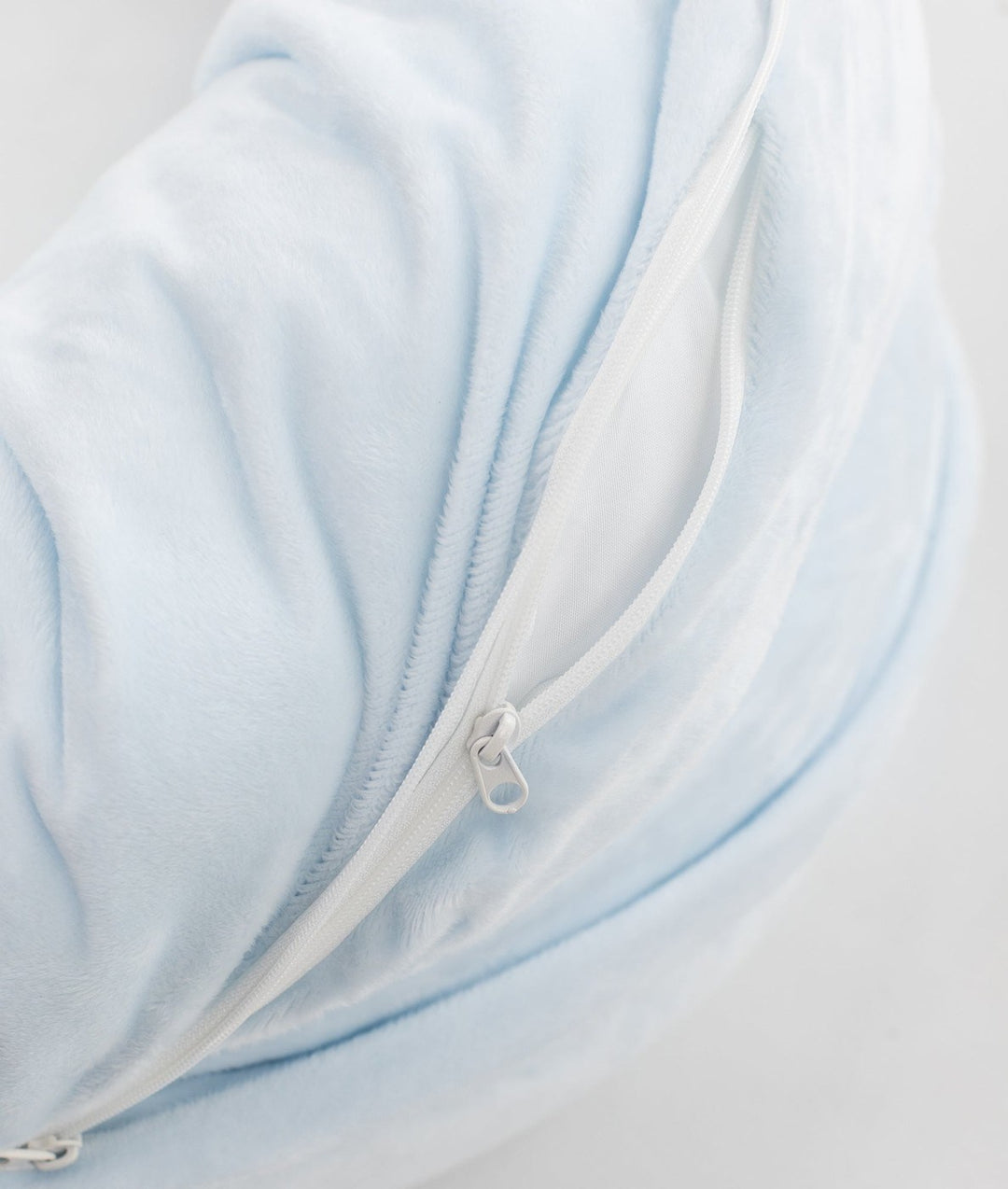 light blue nursing pillow plush fabric zipper detail inner mesh lining