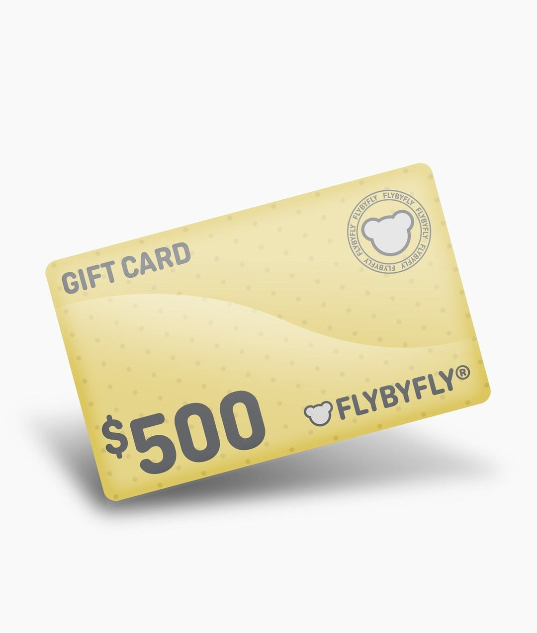 $500 FLYBYFLY digital gift card with pale yellow polka dot design