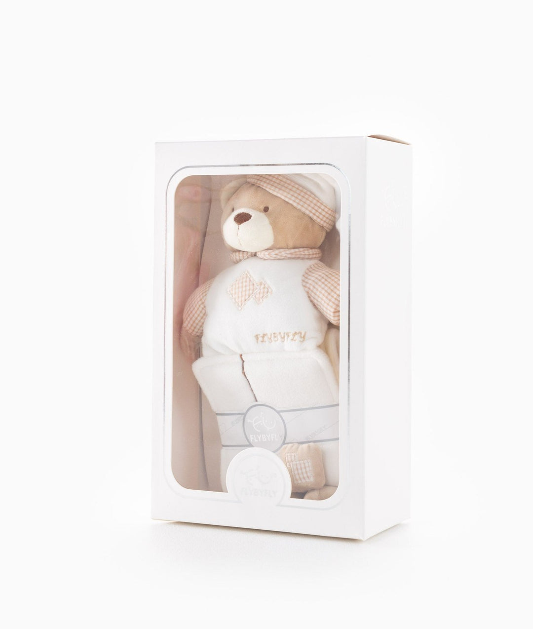 FLYBYFLY branded packaging for beige bear baby growth chart in white box with clear window display