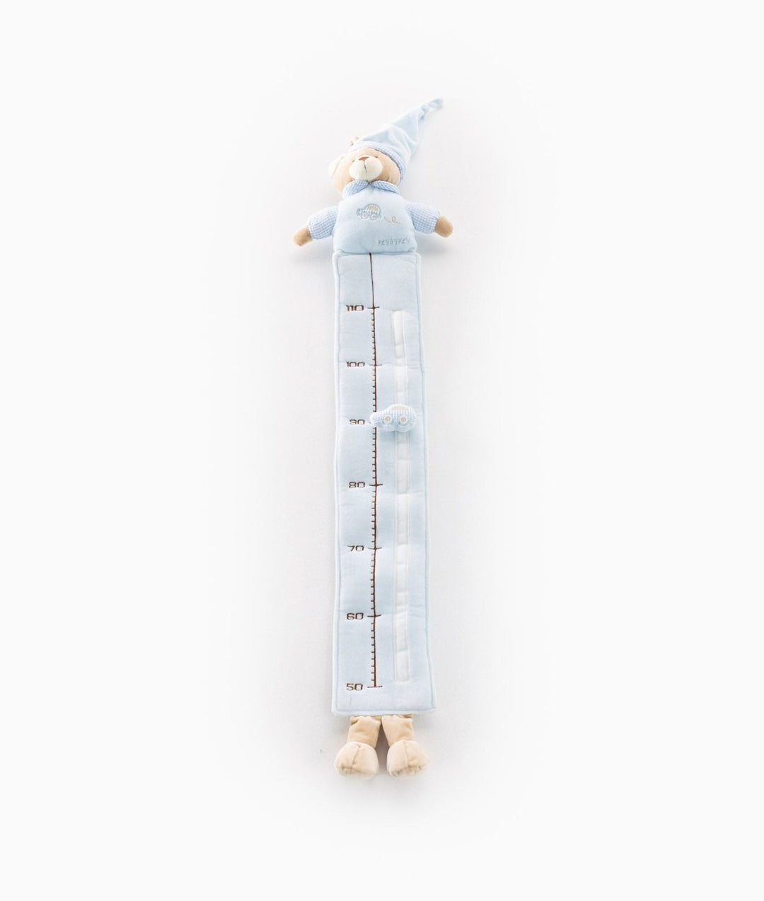 Light blue plush baby growth chart with bear design and embroidered cm measurements