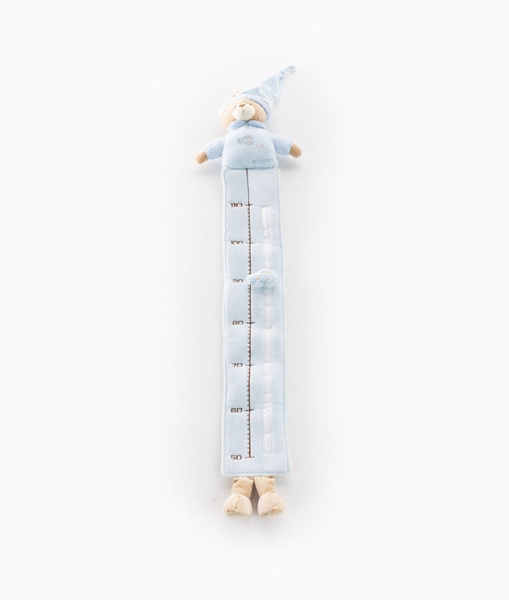 Light blue plush baby growth chart with bear design and embroidered cm measurements