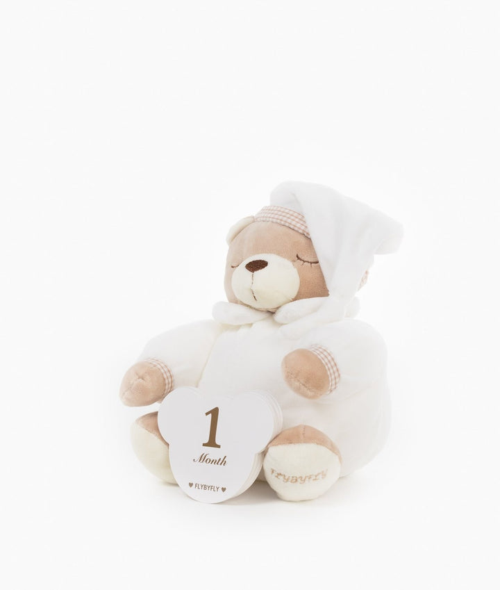 Full shot of beige teddy bear holding 1 Month card with embroidered brand foot pad