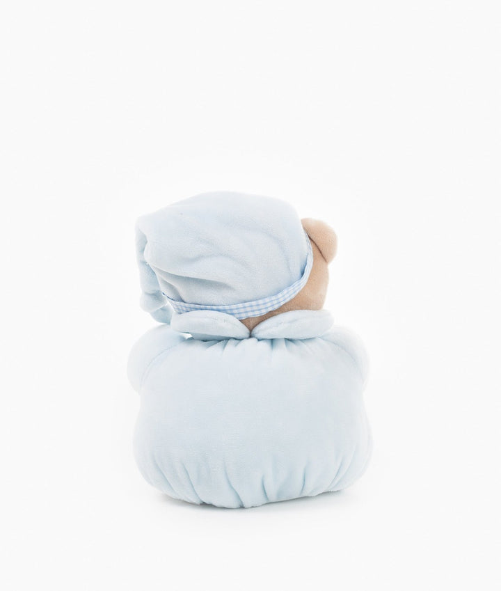 Back view of blue teddy bear showing gathered hood fabric and gingham trim