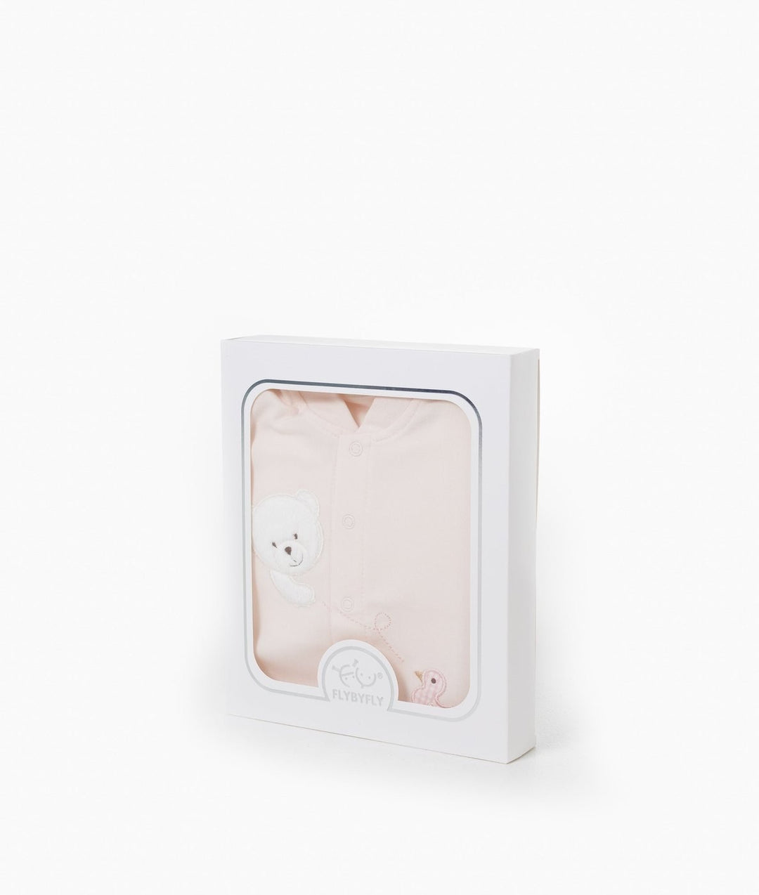 White retail packaging box with clear window showing folded pink baby clothing set