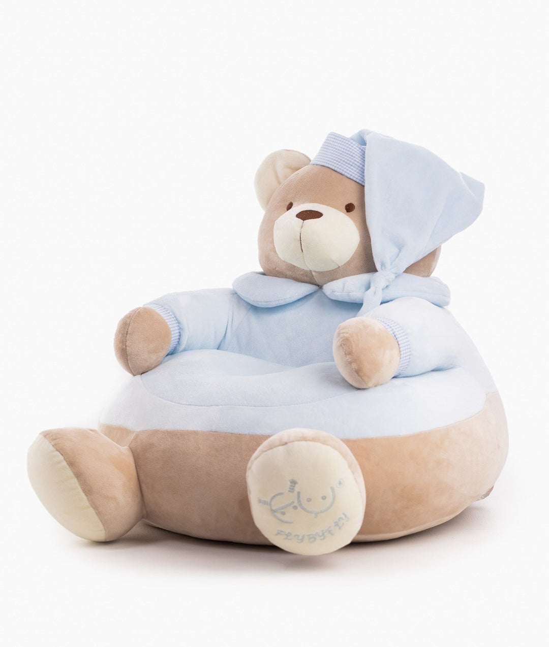 Three-quarter view of blue bear cuddle chair depth with embroidered foot logo