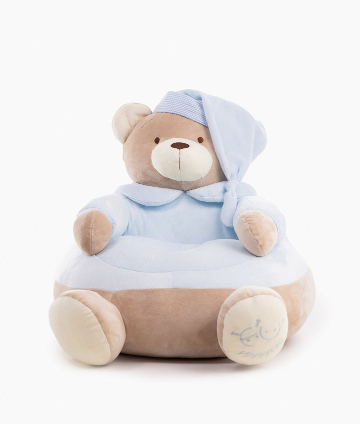 Front view of light blue and tan plush bear toddler cuddle chair with tied hood