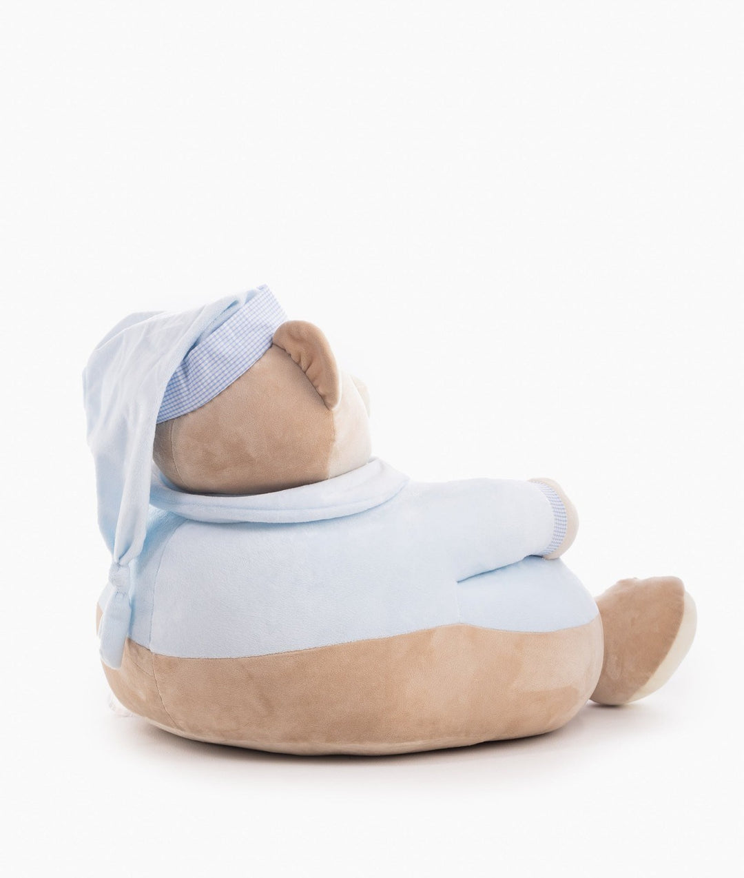 Rear angle of blue bear-shaped toddler chair showing plush fabric and tan base
