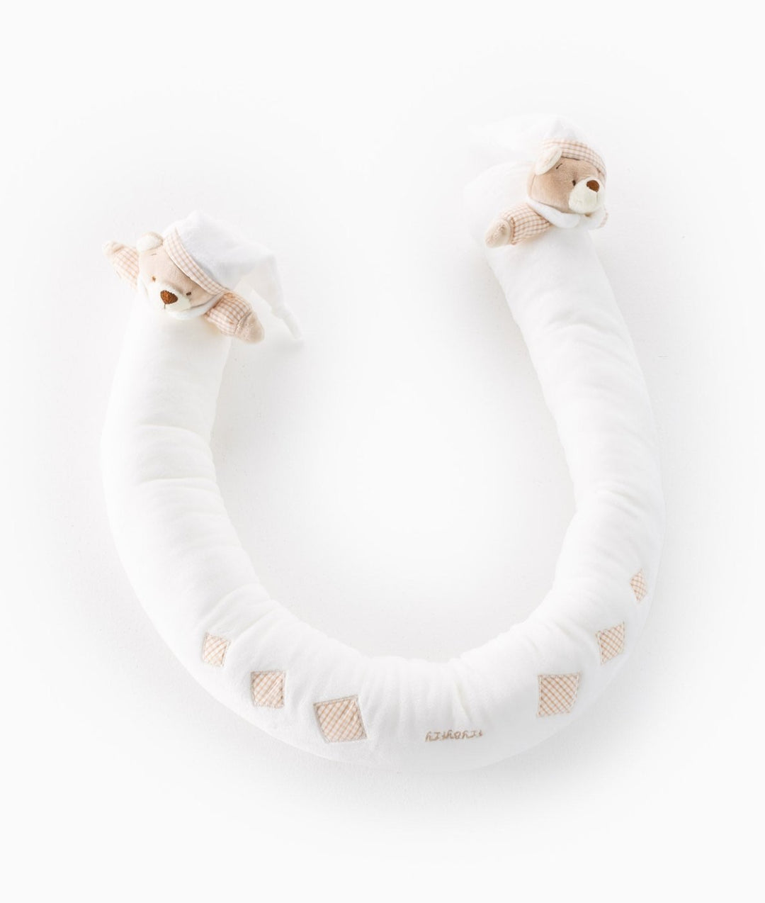 Beige and white bear baby bolster with gingham hats and diamond patches