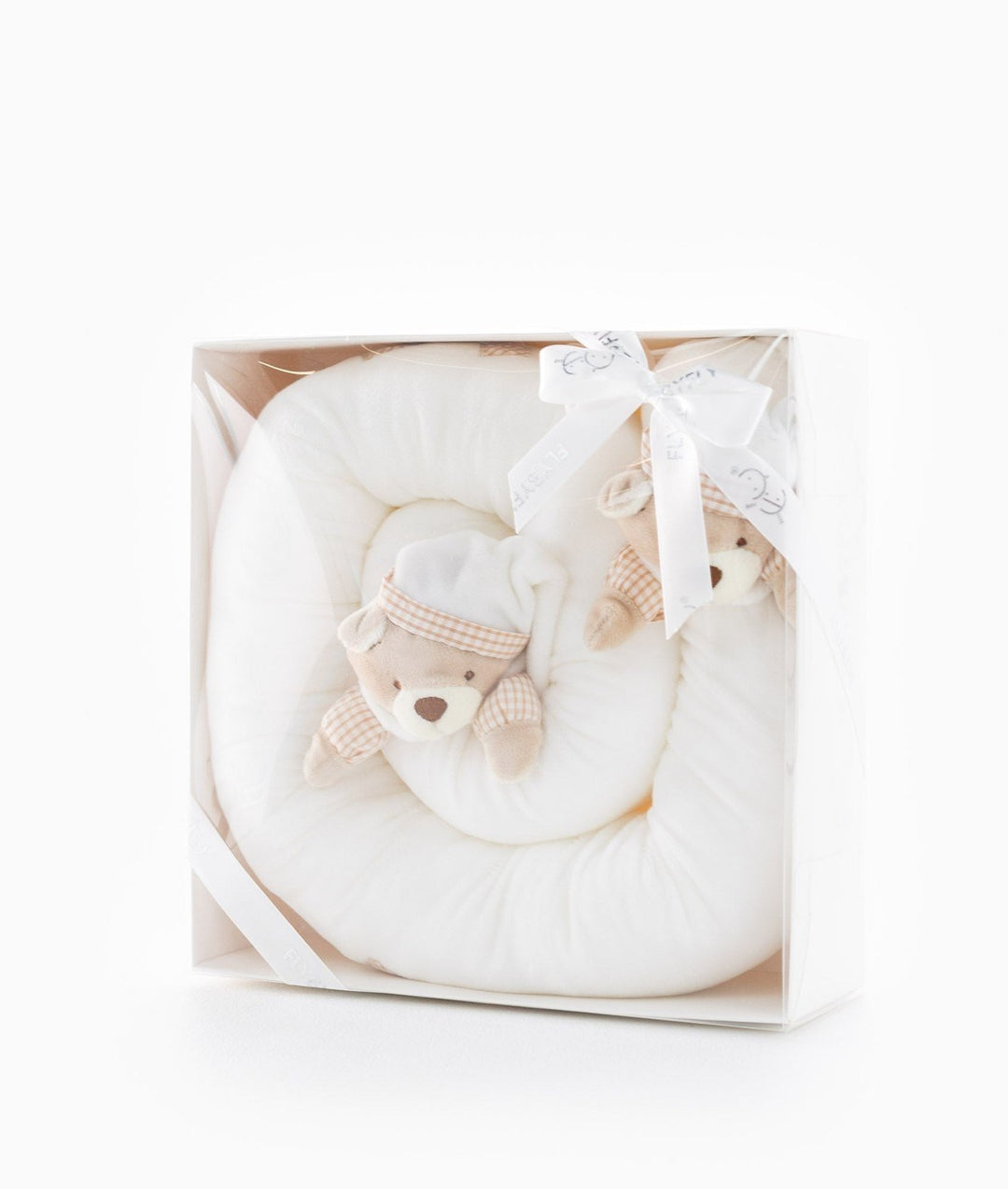 White bear baby bolster in clear gift box with FLYBYFLY ribbon bow