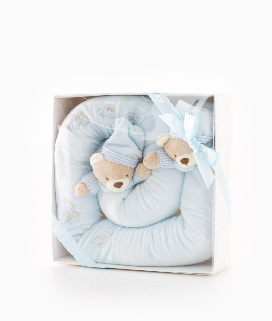 Blue bear baby bolster in retail packaging with clear window and branded ribbon