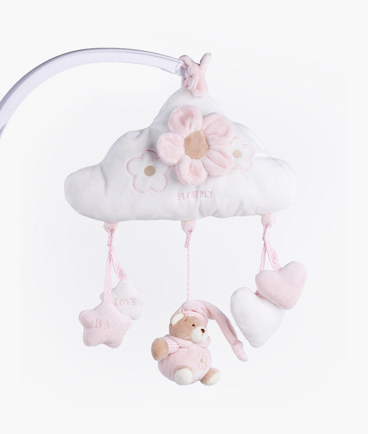 White cloud activity toy with pink flower, mirror, and dangling bear and heart charms
