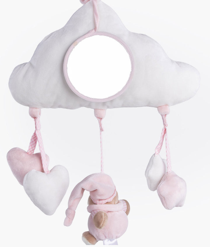Front view of white cloud baby mobile with mirror, pink flower, and dangling charms