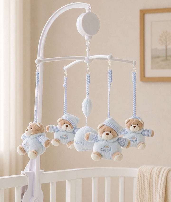 brown and blue bear plush detail with embroidered car design