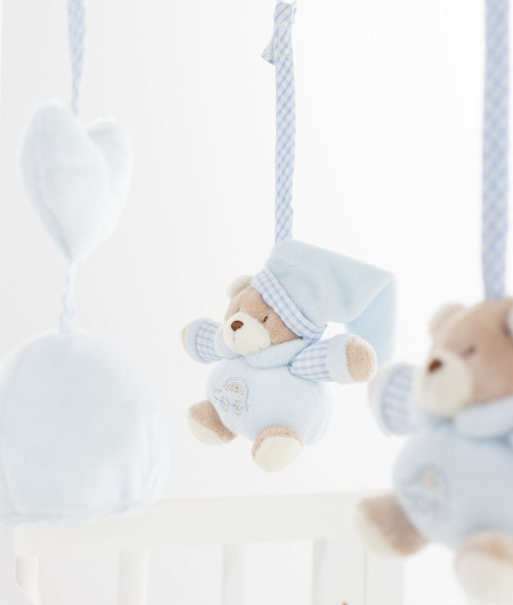 light blue plush bear musical mobile with checkered nightcap and pajamas