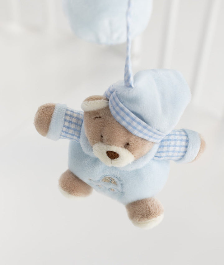 light blue bear musical mobile with moon stars embroidery