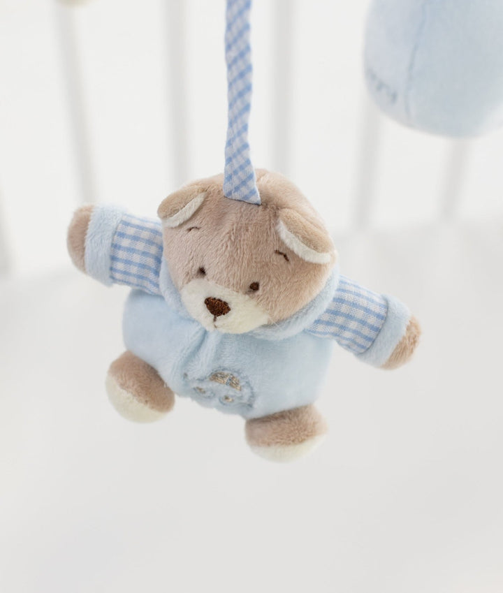 Blue bear musical mobile detail with embroidered car and checkered sleeve