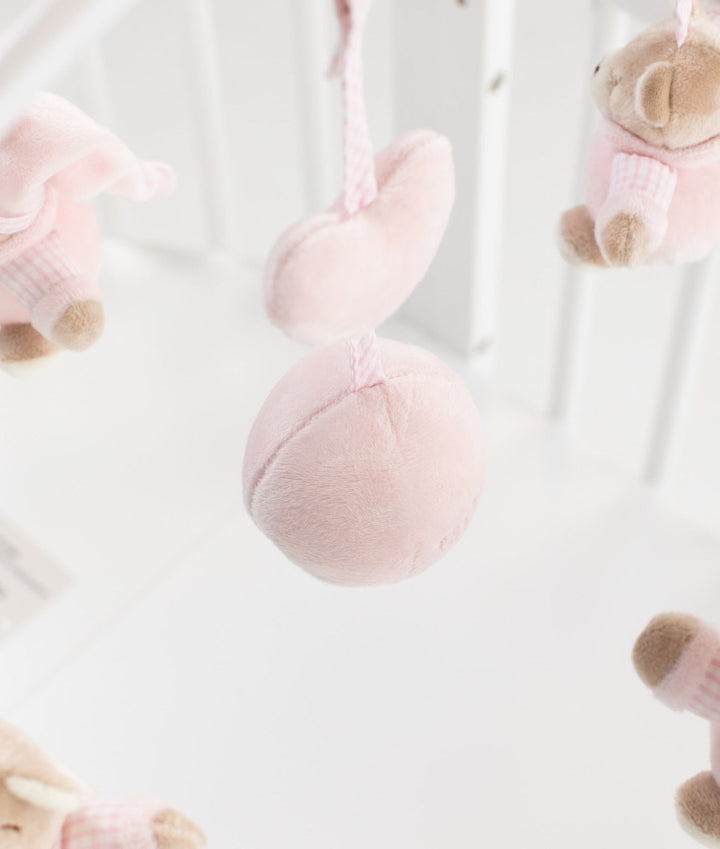 pink heart and sphere ornaments on chevron ribbon mobile detail