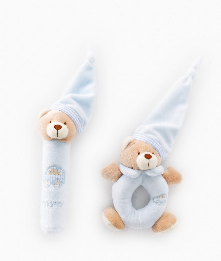 Front view of light blue plush bear rattle and squeaker with gingham hats