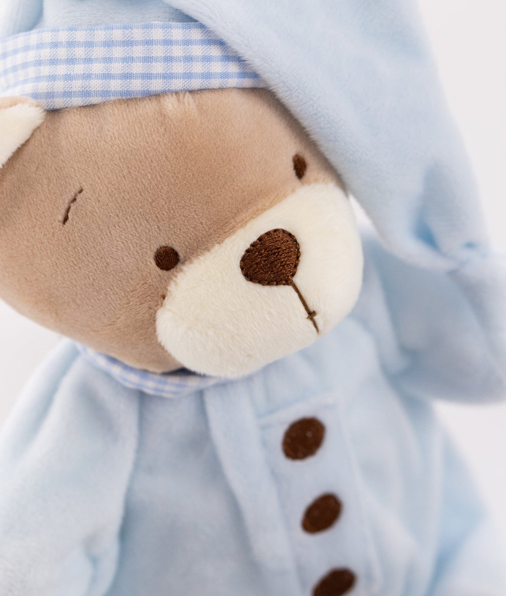 Blue plush bear face with stitched features wearing light blue hooded outfit