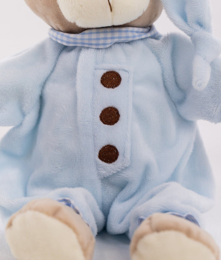 Light blue plush bear onesie detail with embroidered brown buttons and fuzzy texture