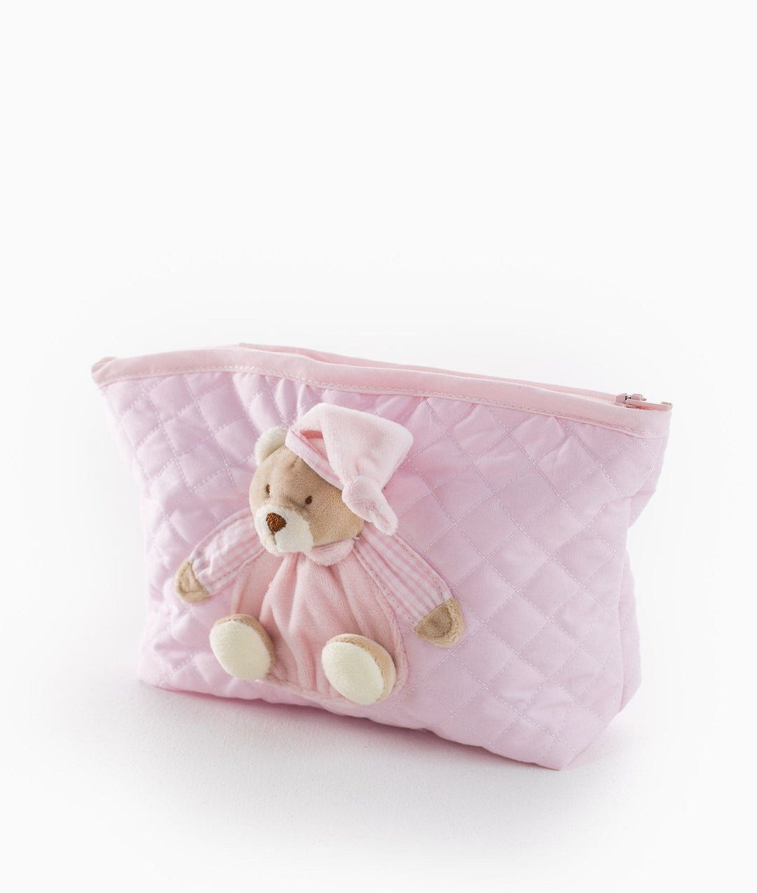 Pink quilted baby organizer pouch with teddy bear applique design