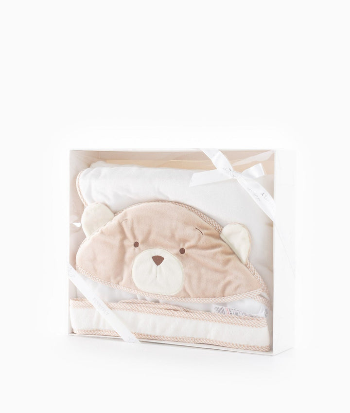Hooded baby swaddle in gift box with plush beige bear face detail