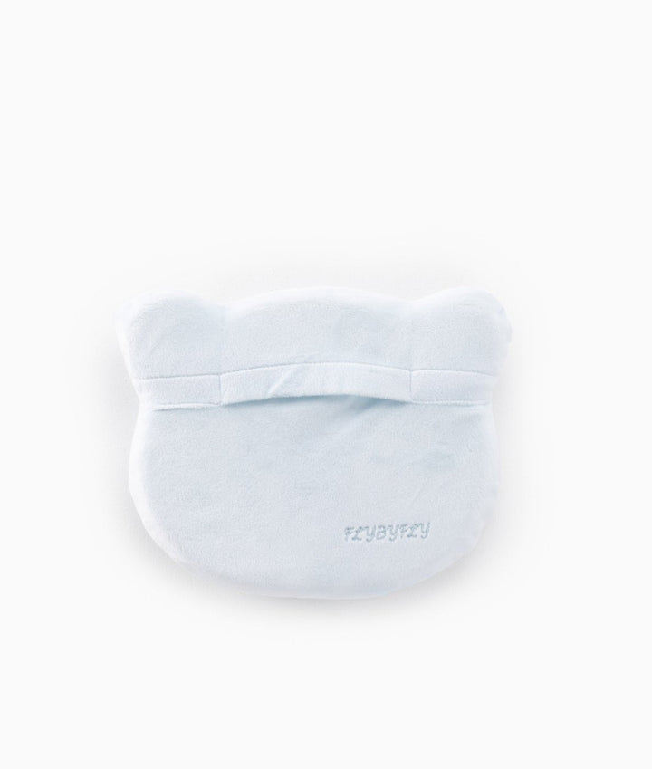 Light blue infant flat head support pillow back view with bear ear contours and embroidered FLYBYFLY logo