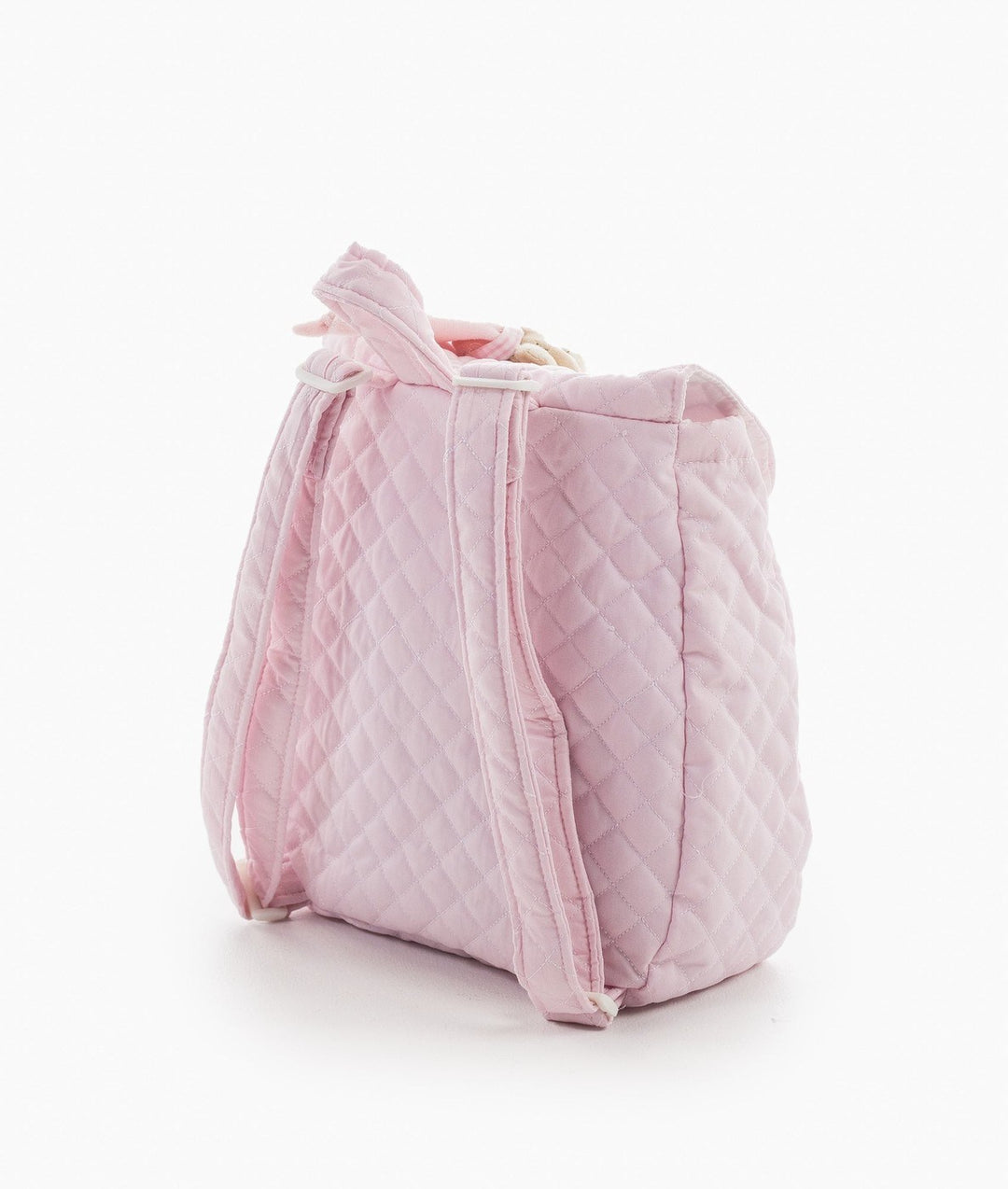 Back view of pink backpack with padded straps and diamond quilting