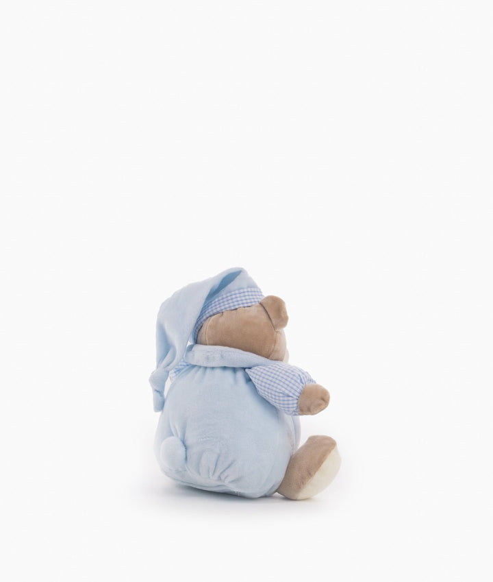 Rear view of blue bear night light showing fabric tail and elastic base detail