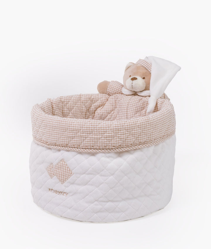 Baby nappy caddy for nursery in white and beige