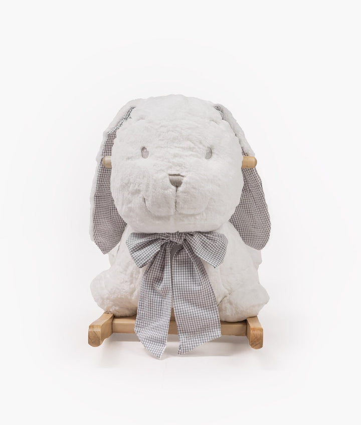 Front view of grey and white rocking bunny with gingham ears and neck bow against white background