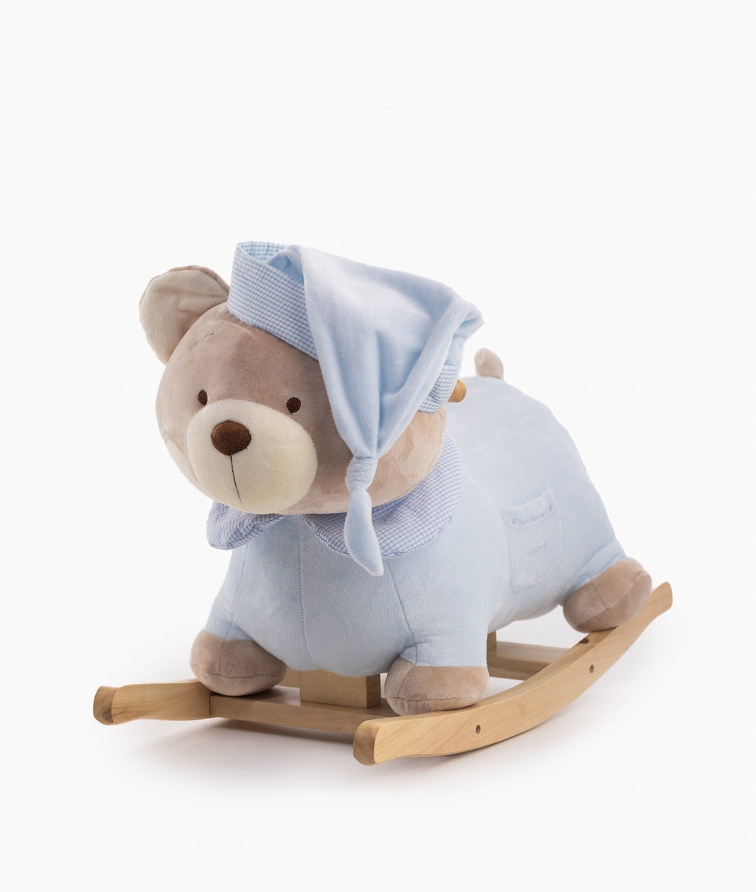 Three-quarter view of light blue rocking teddy bear with gingham nightcap and chest pocket