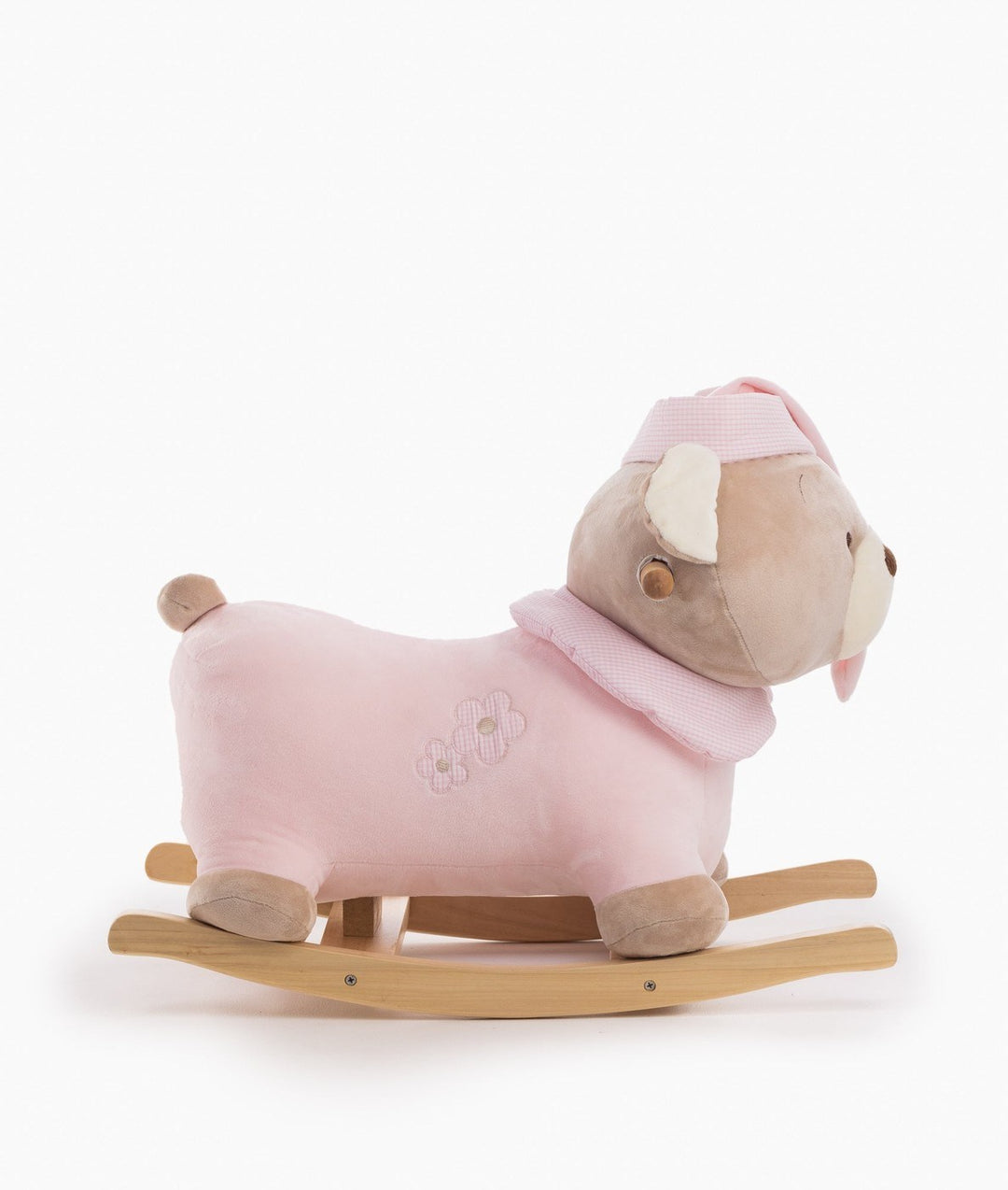 Side profile of pink rocking animal toy showing curved rails