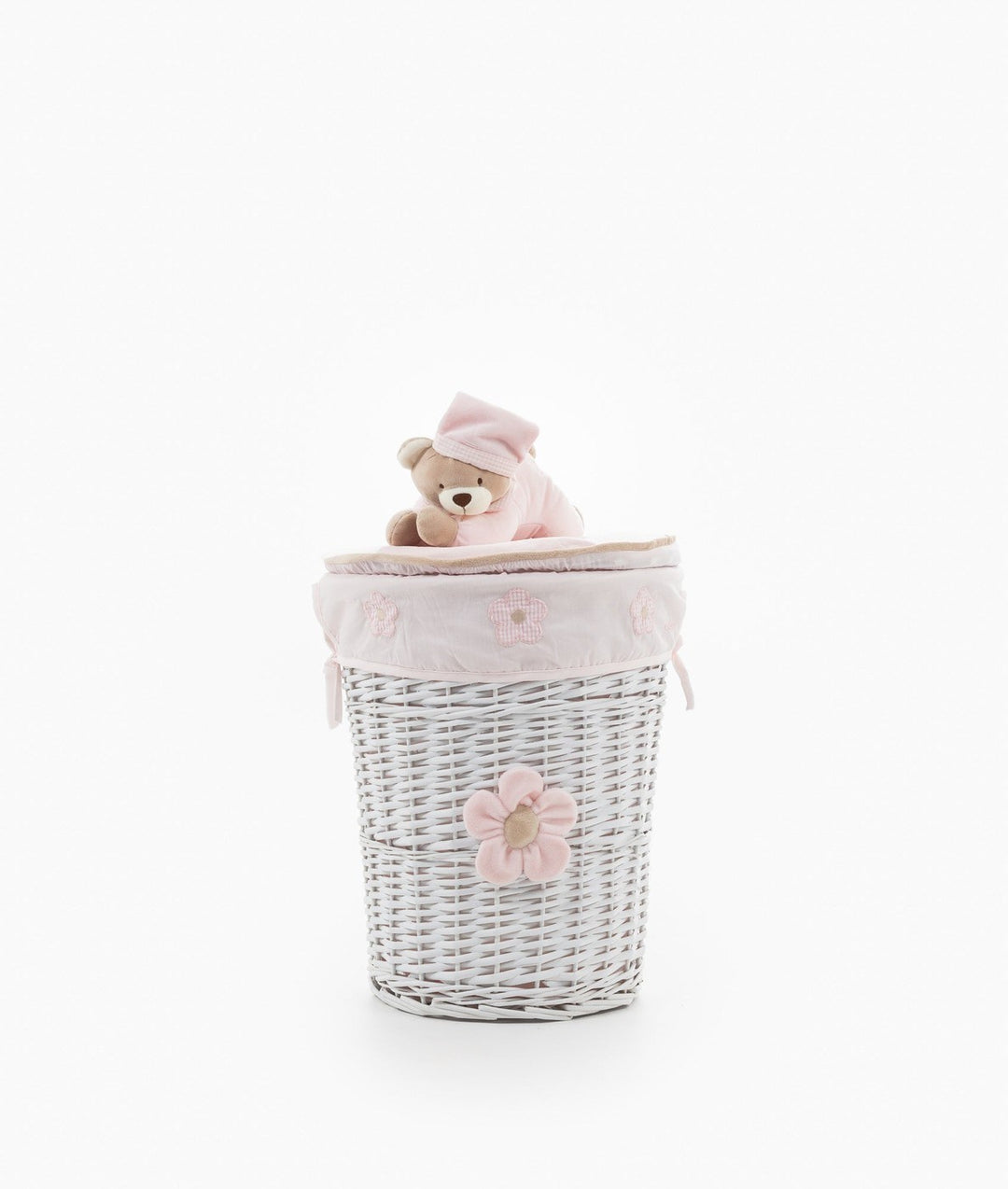 Medium white wicker laundry basket with pink floral embroidered liner