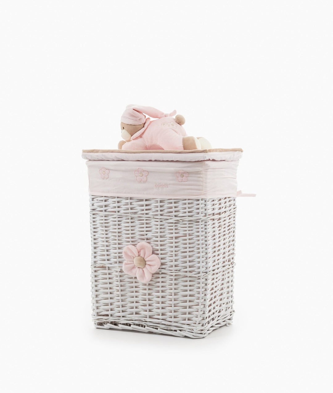 Small square wicker basket with pink embroidery, flower accent, and bear