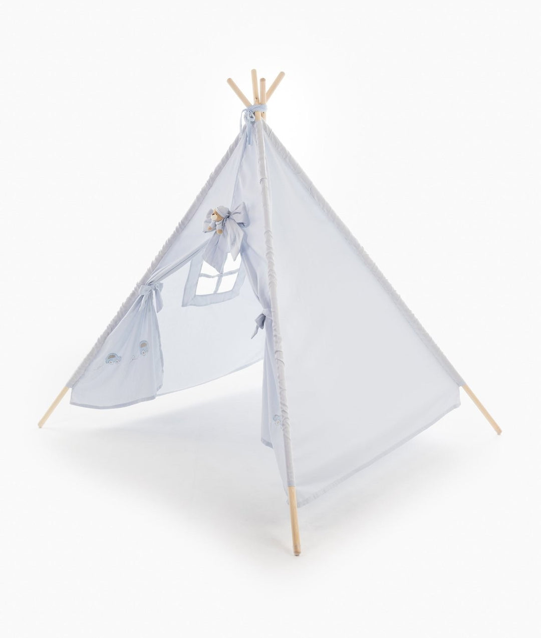 Open light blue play tent interior showing tied back flaps and vehicle embroidery
