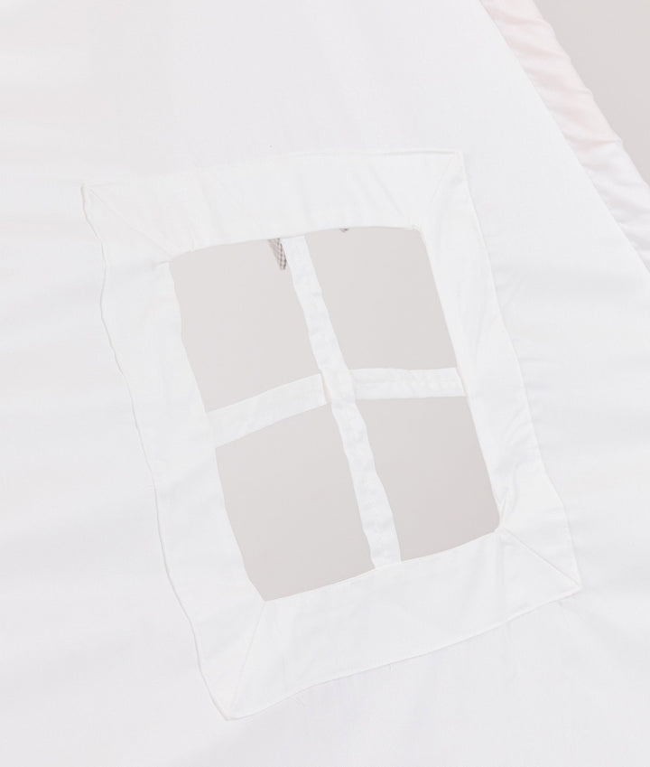 Square window feature on white teepee fabric with cross-shaped fabric bar dividers