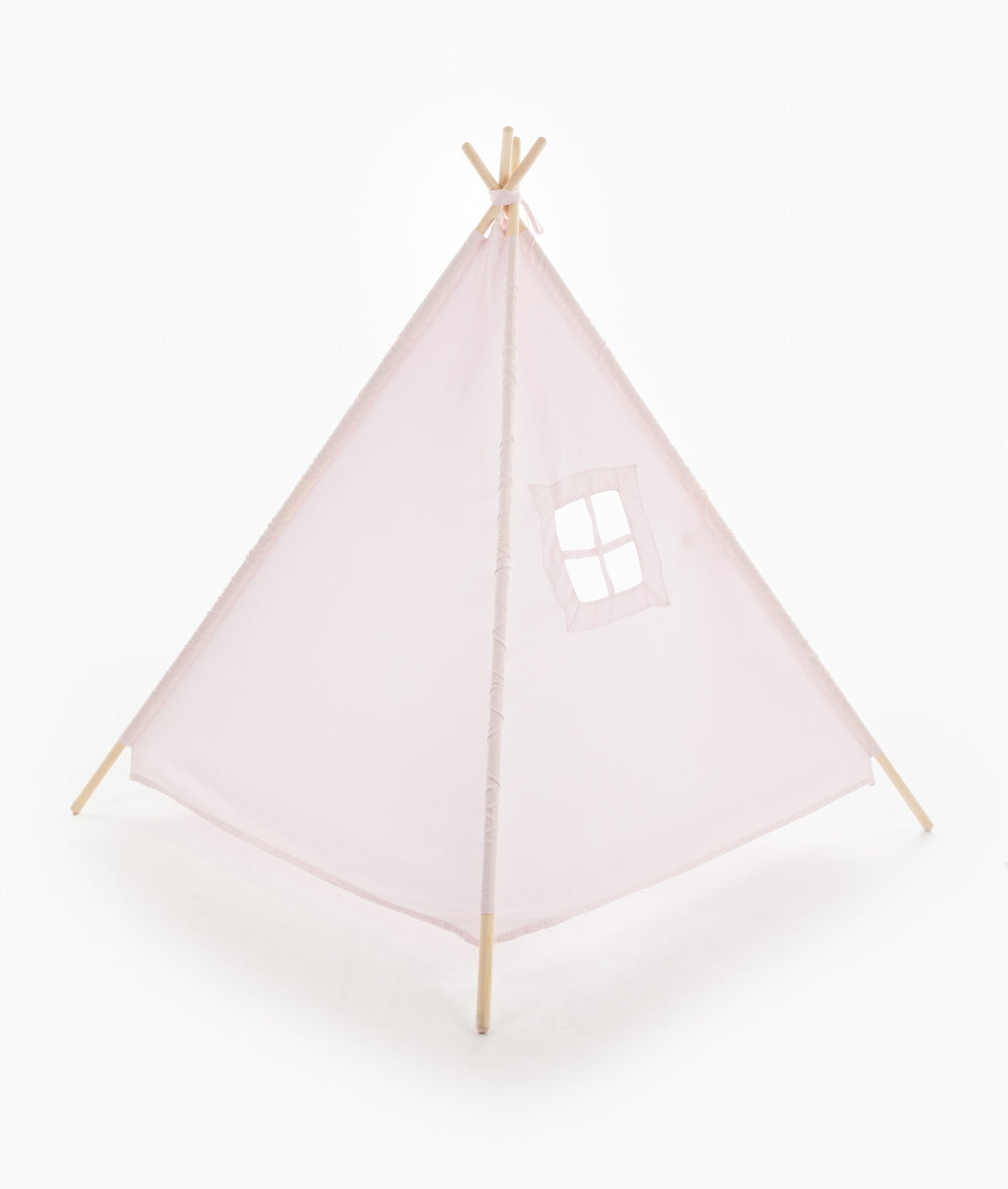 Back view of pink teepee tent with four-pane square window