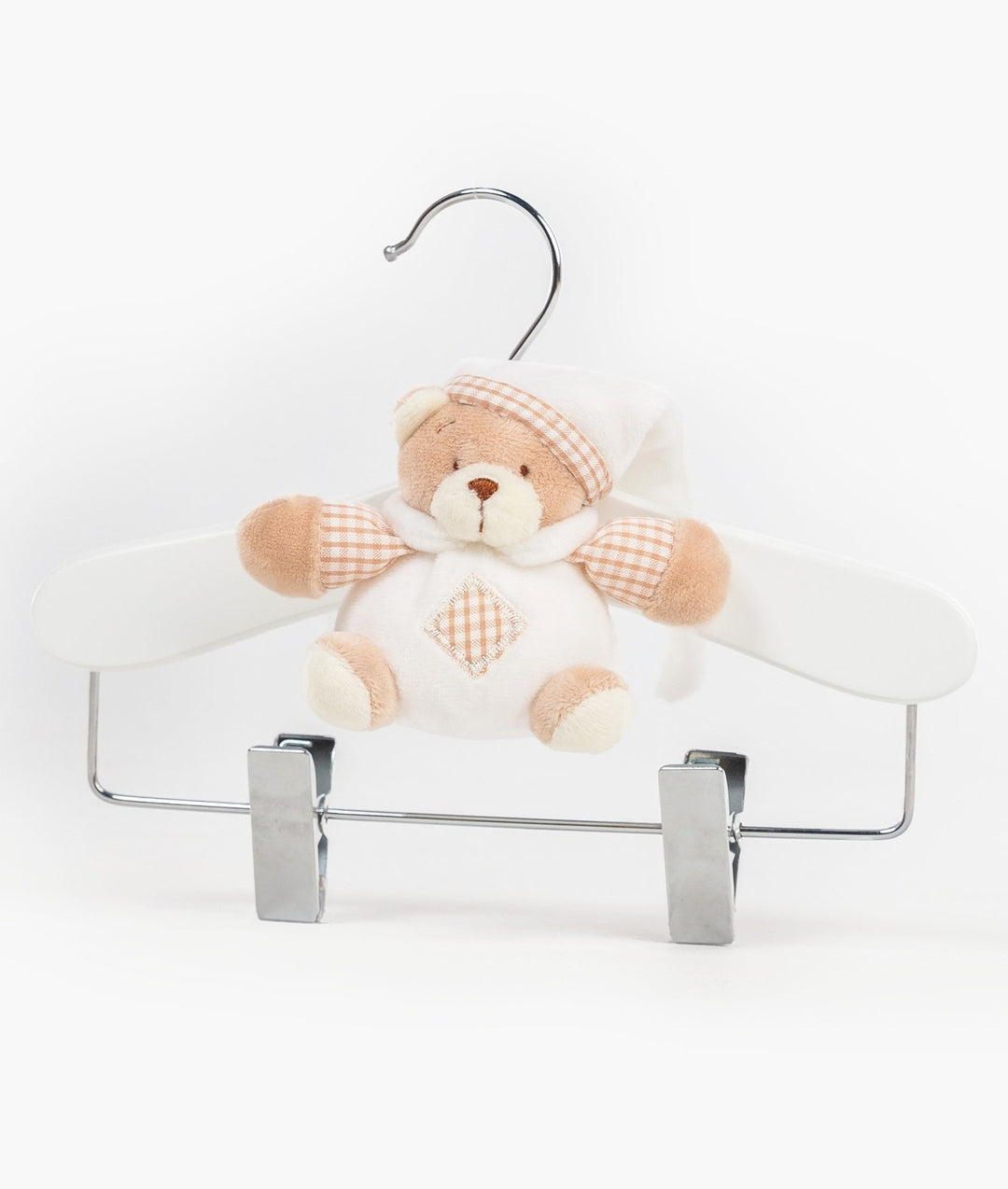 White and beige wooden hanger with clips