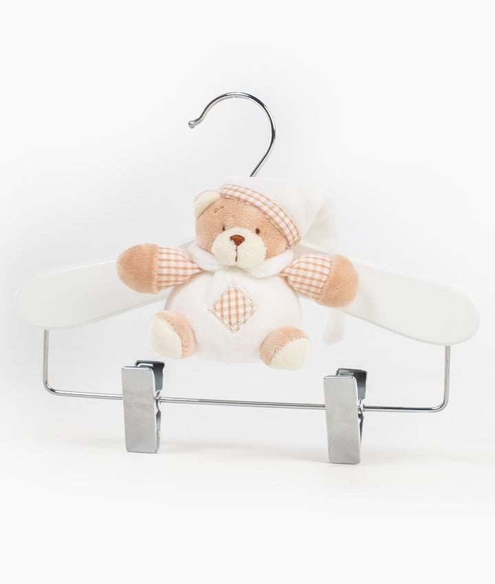 White and beige wooden hanger with clips