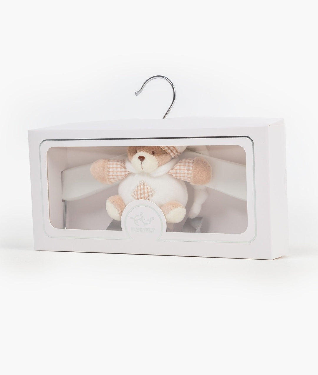 White and beige wooden hanger with clips