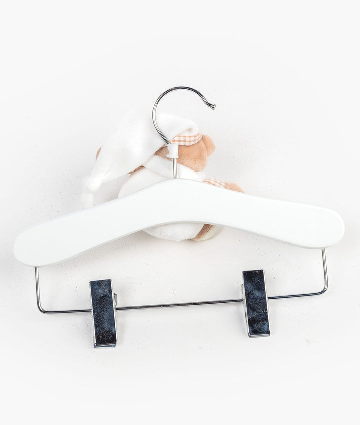 White and beige wooden hanger with clips