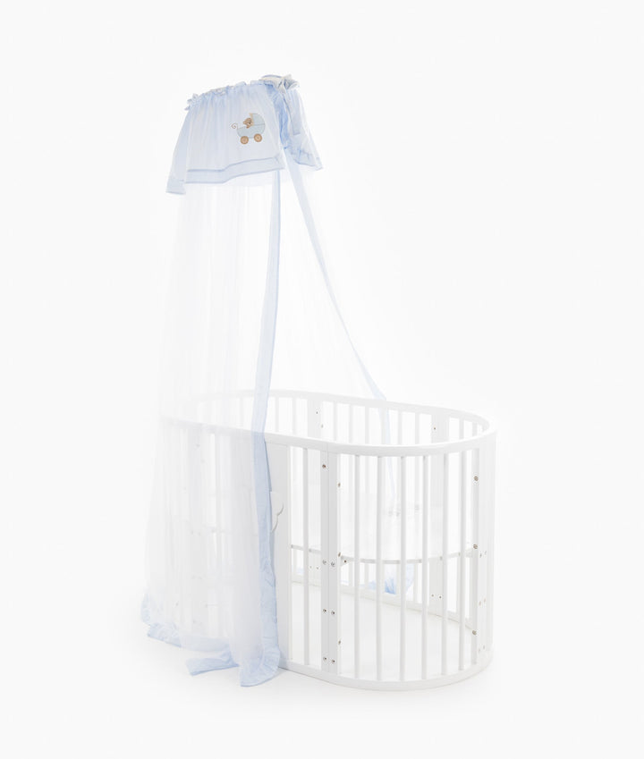 White and blue cot canopy and stand set