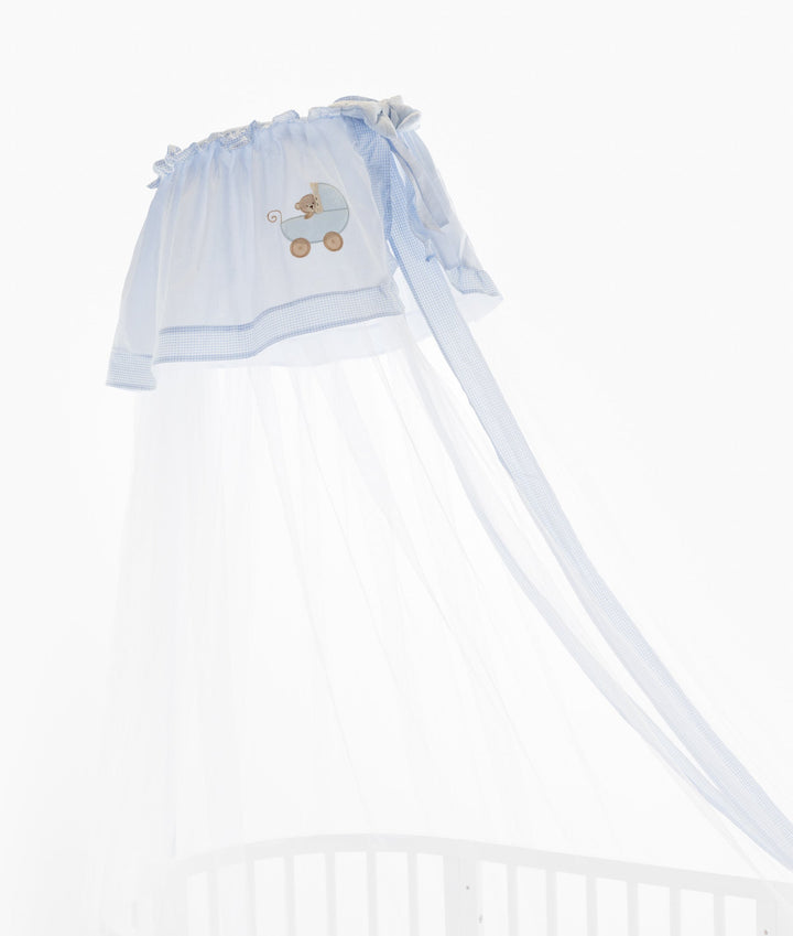 White and blue cot canopy and stand set
